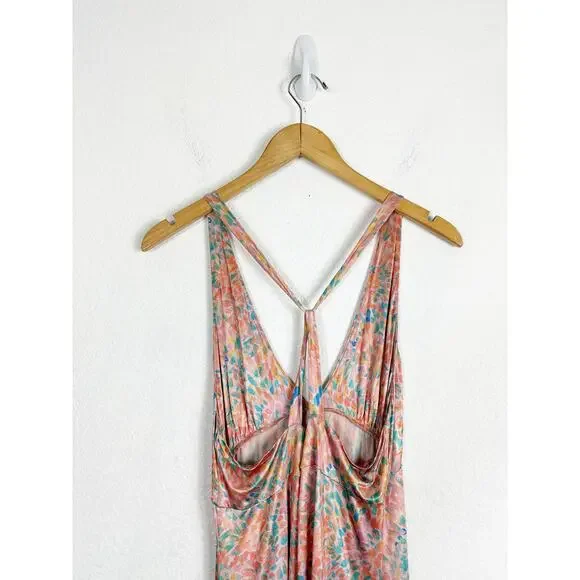 Free People Nowhere To Be Slip Dress Medium Midi Coral Floral Stretch Satin - Picture 12 of 14